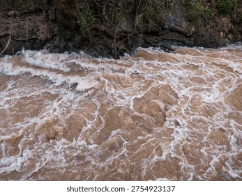 Warning sign showing danger of walking in fast-moving floodwater